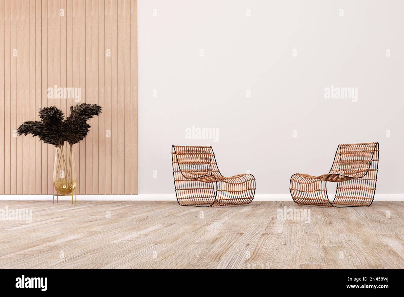 Living room design with empty wall, two rattan chairs on white wall. 3d