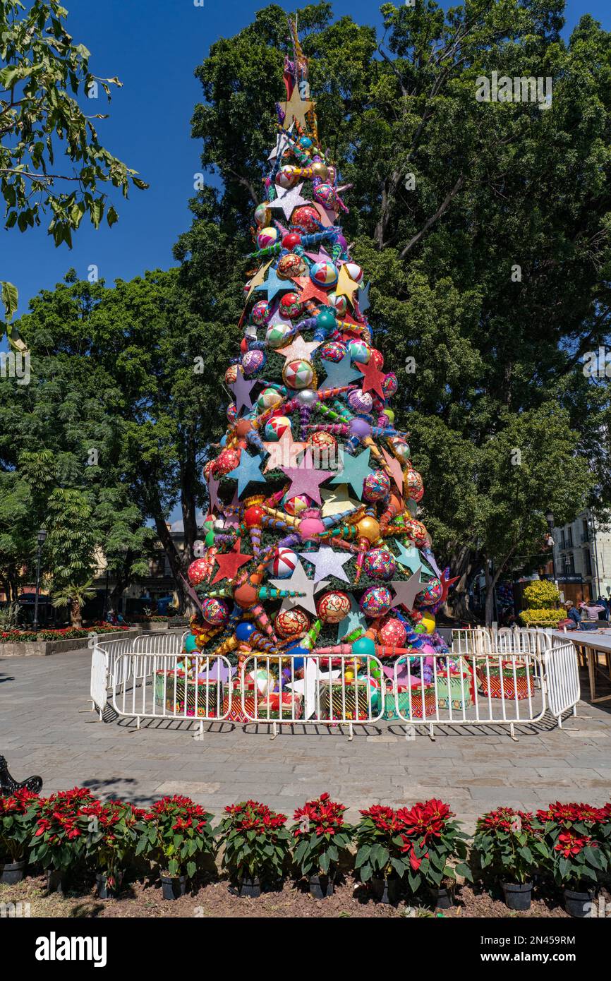 A large Christmas tree in the Alameda de Leon park by the Zocalo Square