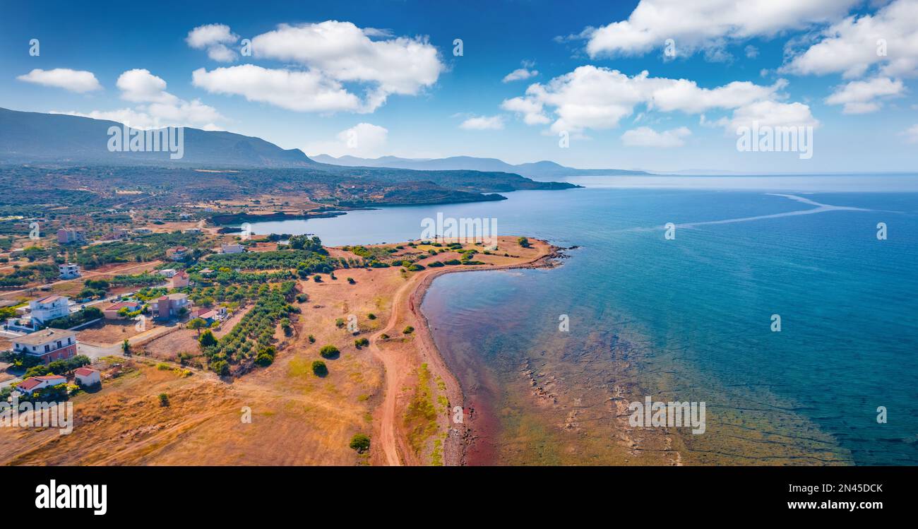 Panoramic summer view of Plitra village. Panoramic outdoor scene of Peloponnese peninsula, Greece, Europe. Spectacular morning seascape of Mediterrane Stock Photo