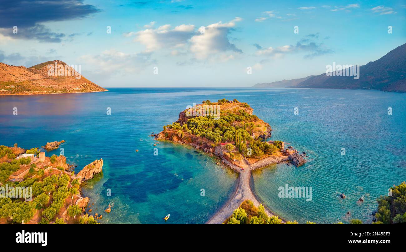 Aerial summer view of Purpose or Double beach, Kotronas town location. Picturesque evening seascape of Mediterranean sea, Peloponnese peninsula, Greec Stock Photo