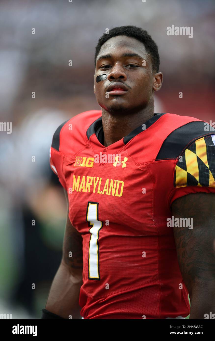 Maryland wide receiver Stefon Diggs (1) looks on before an NCAA football game against James