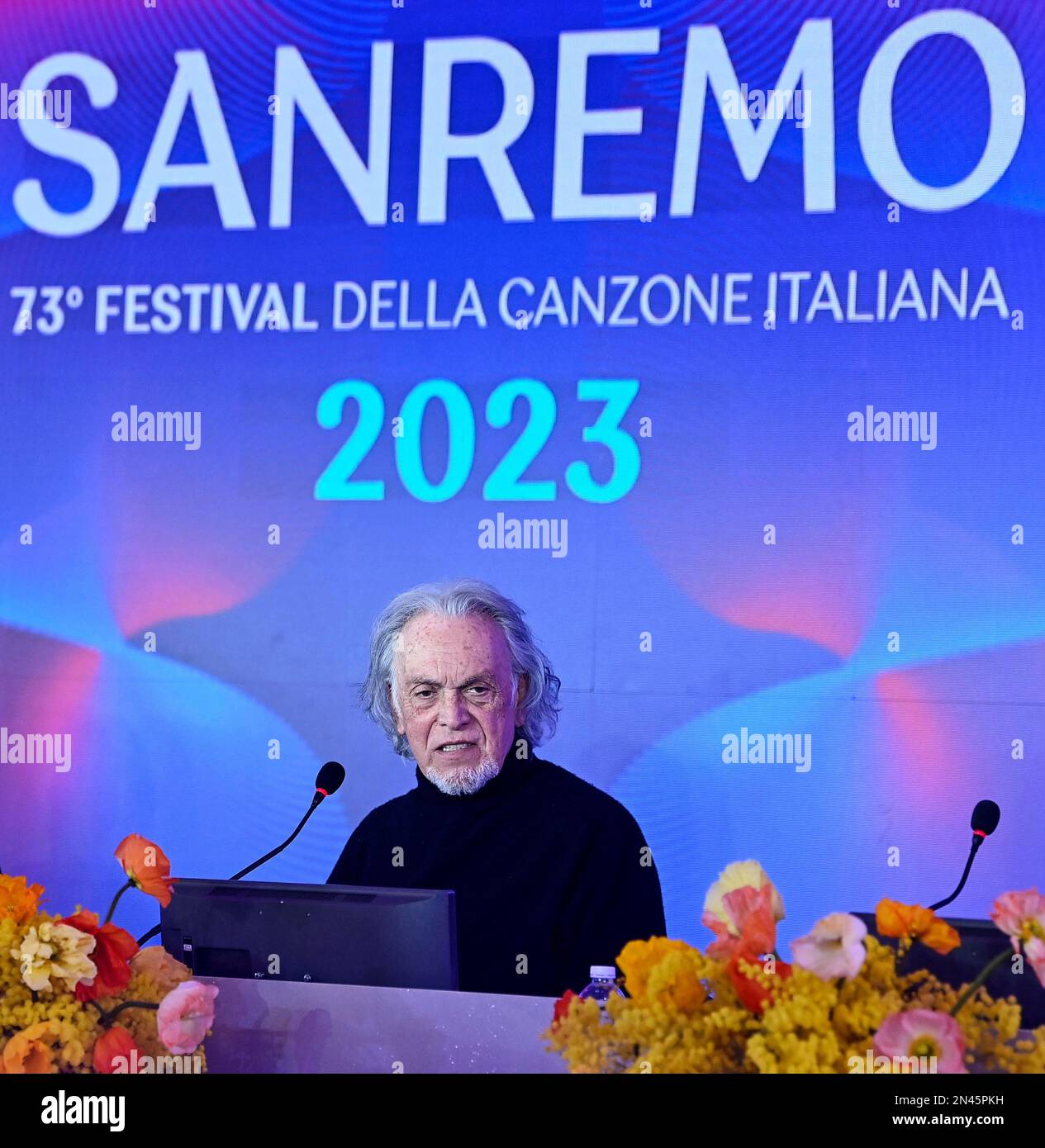 February 8, 2023, Sanremo: Former member of Italian band Pooh, Riccardo  Fogli, during a press conference at the 73rd Sanremo Italian Song Festival,  in Sanremo, Italy, 08 February 2023. The music festival