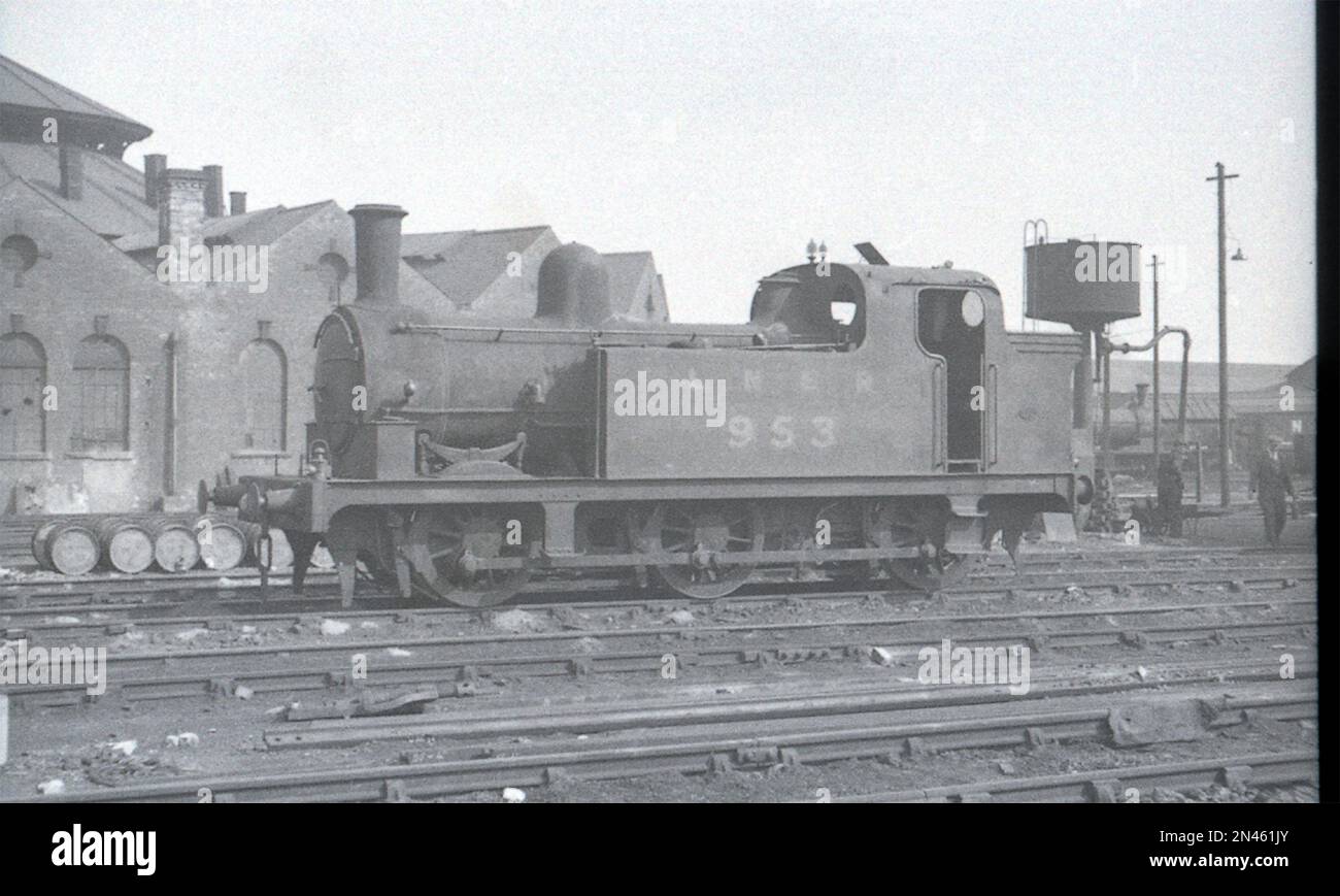 A former NER G6 0-6-0T steam locomotive as LNER Class J77 No.953 at York South Shed Stock Photo