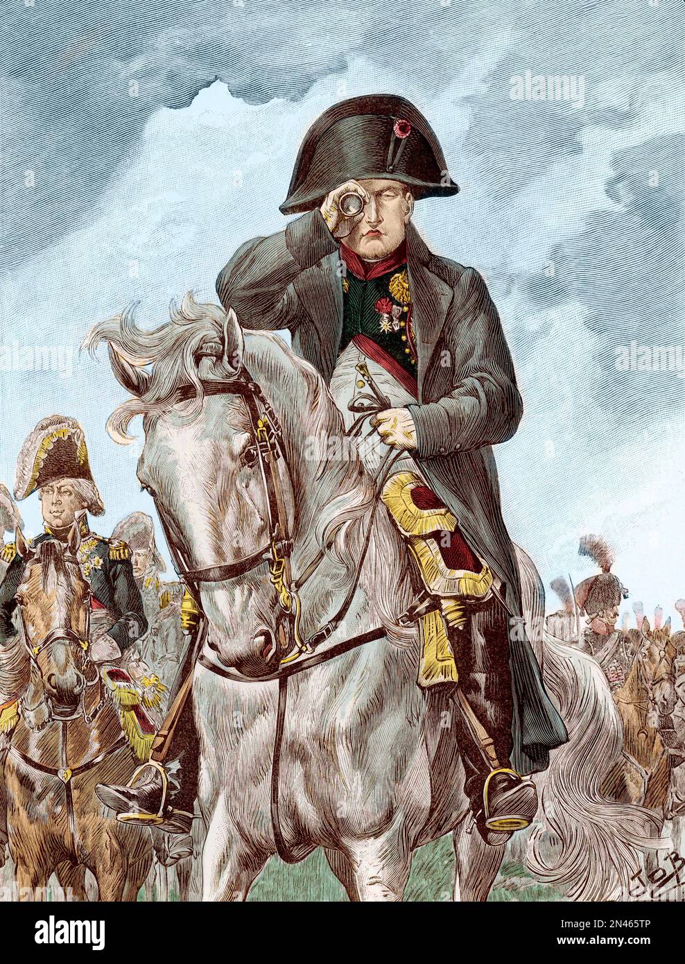Napoleon on horseback in front of his troops - Napoleon a cheval devant ses troupes observant avec une longue vue - Gravure in 'La vieille garde imperiale' par Jacques Marie Gaston Onfray de Breville dit JOB (1858-1931) Stock Photo