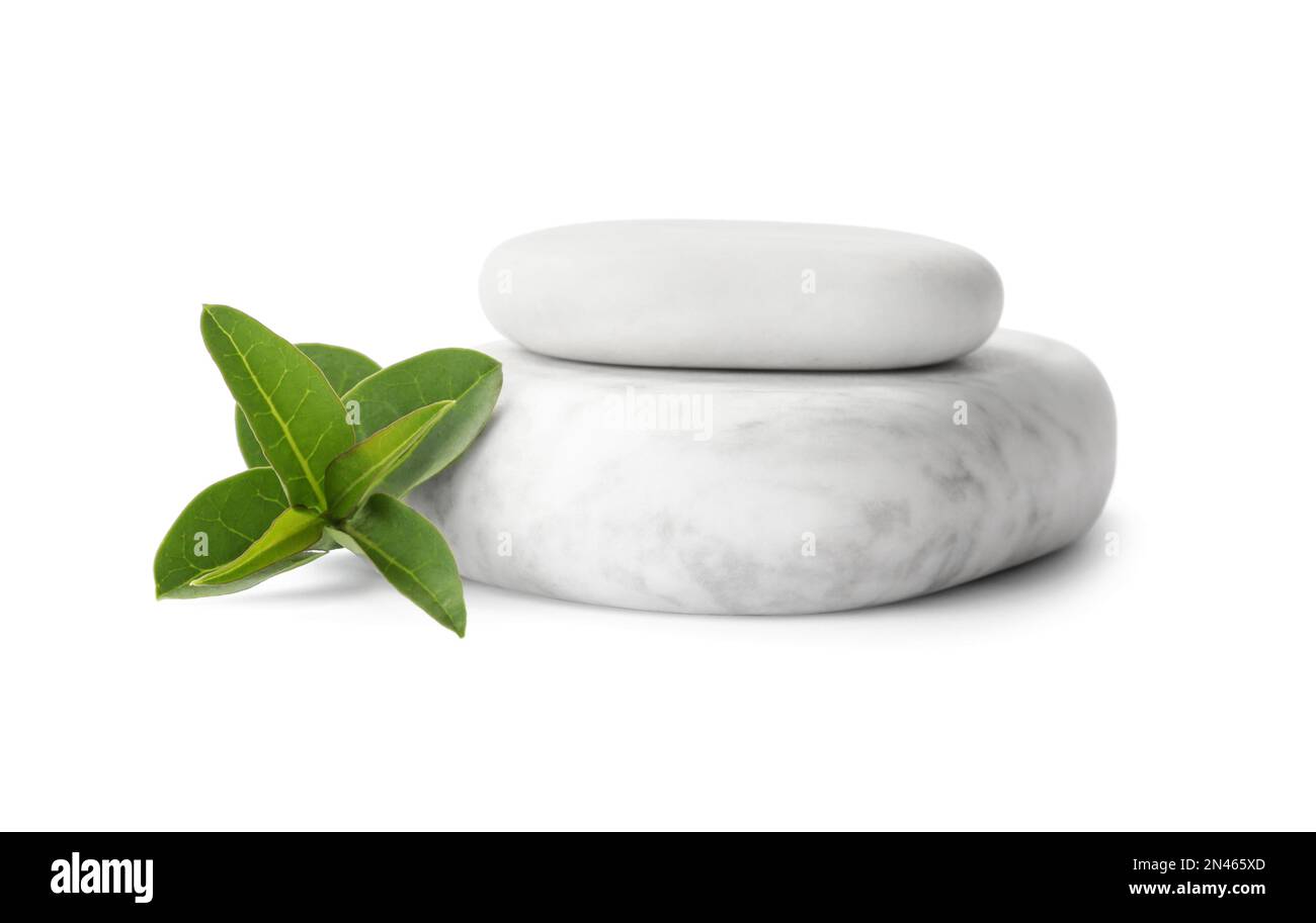 Stack of spa stones and green branch on white background Stock Photo ...