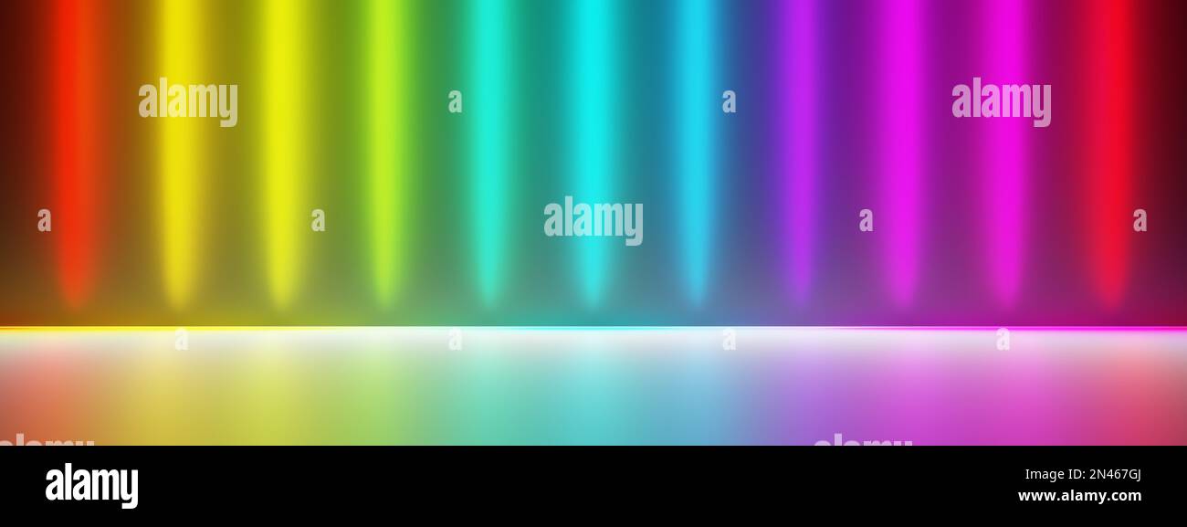 Glowing spectrum rainbow colored spotlights with reflective floor on