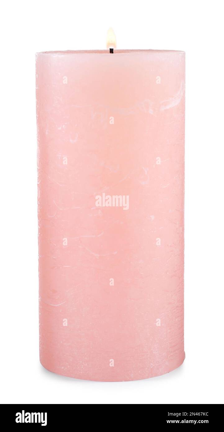 Burning pink wax candle isolated on white Stock Photo Alamy