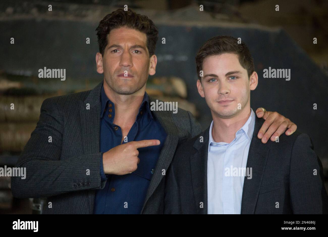 U.S actors Logan Lerman, right and Jon Bernthal pose for photographs