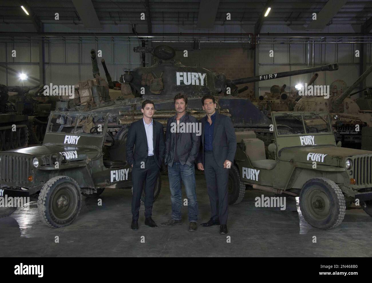 US actors Brad Pitt, centre, Logan Lerman, centre left and Jon Bernthal