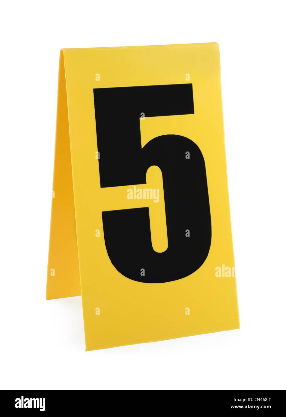Yellow crime scene marker with number five on white background Stock Photo