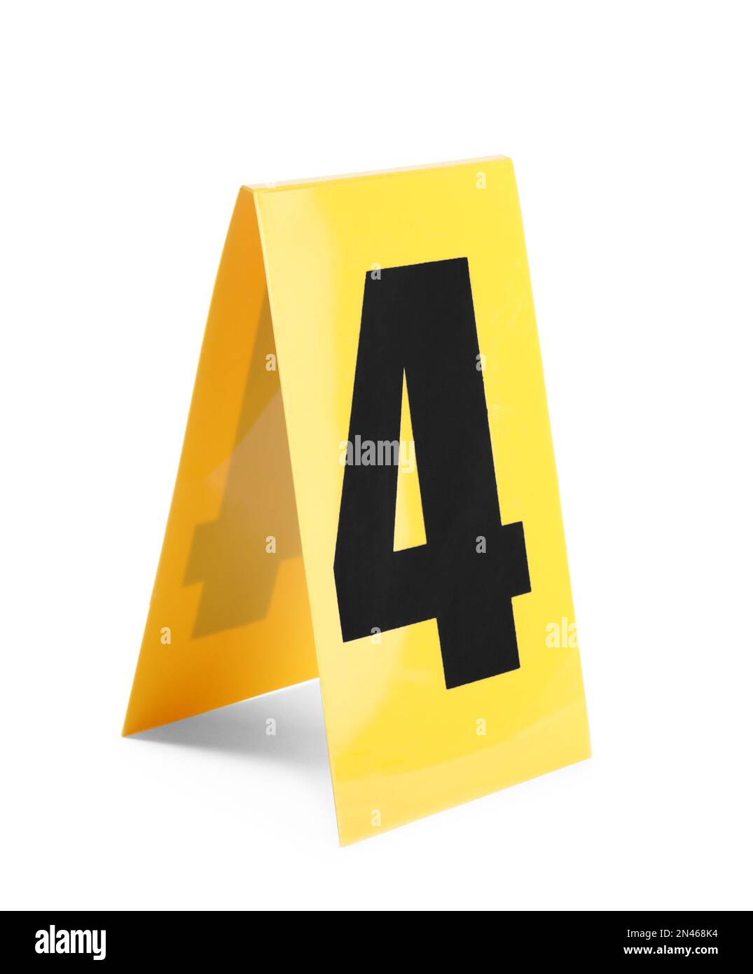 Yellow crime scene marker with number four on white background Stock Photo