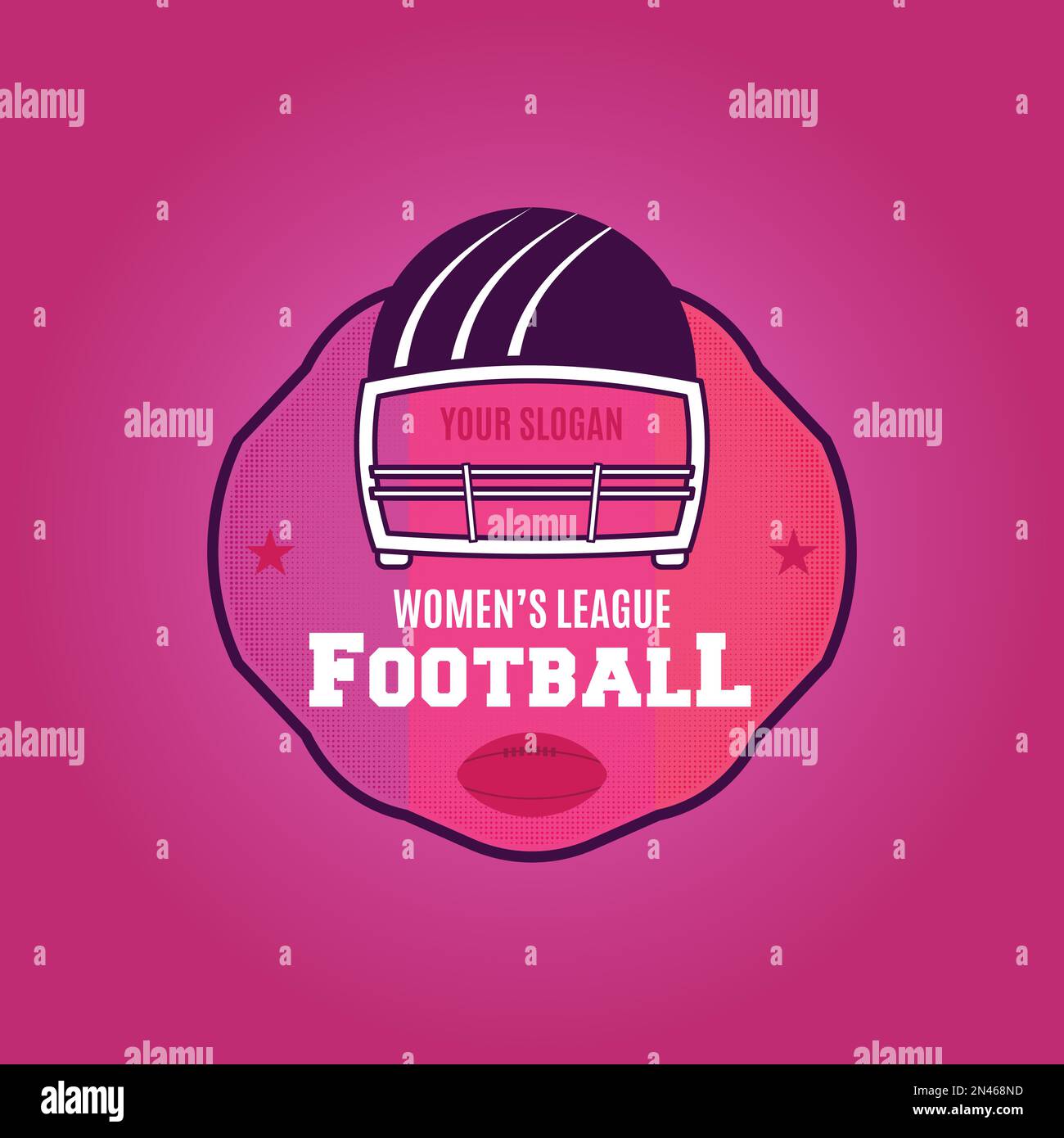 American football logo template. Women's league badge with helmet and ball. Rugby emblem colorful. Stock vector label isolated on pink background Stock Vector
