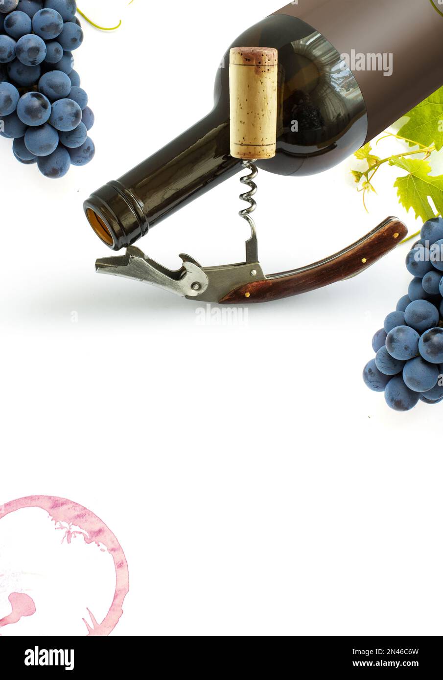 Bottles of wine with vintage corkscrews and a cork on a white background. Design element for wine list or tasting Stock Photo