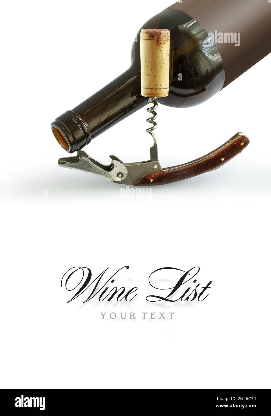 Bottles of wine with vintage corkscrews and a cork on a white background. Design element for wine list or tasting Stock Photo