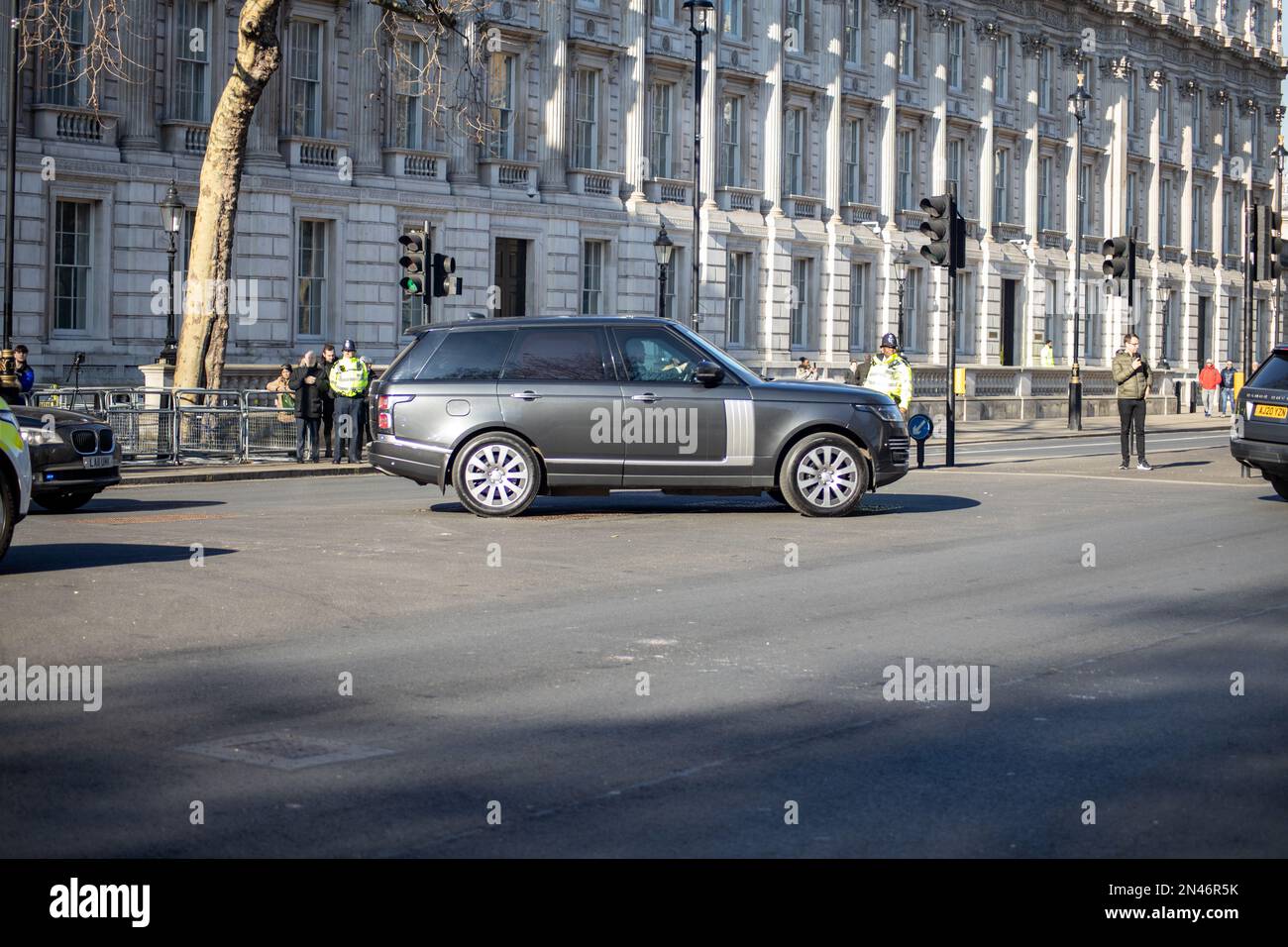 London, UK - Feb 8, 2023: Cars carrying President Volodymyr Zelensky as he makes his first visit to the UK since Russian invasion. Credit: Sinai Noor/Alamy Live News Stock Photo