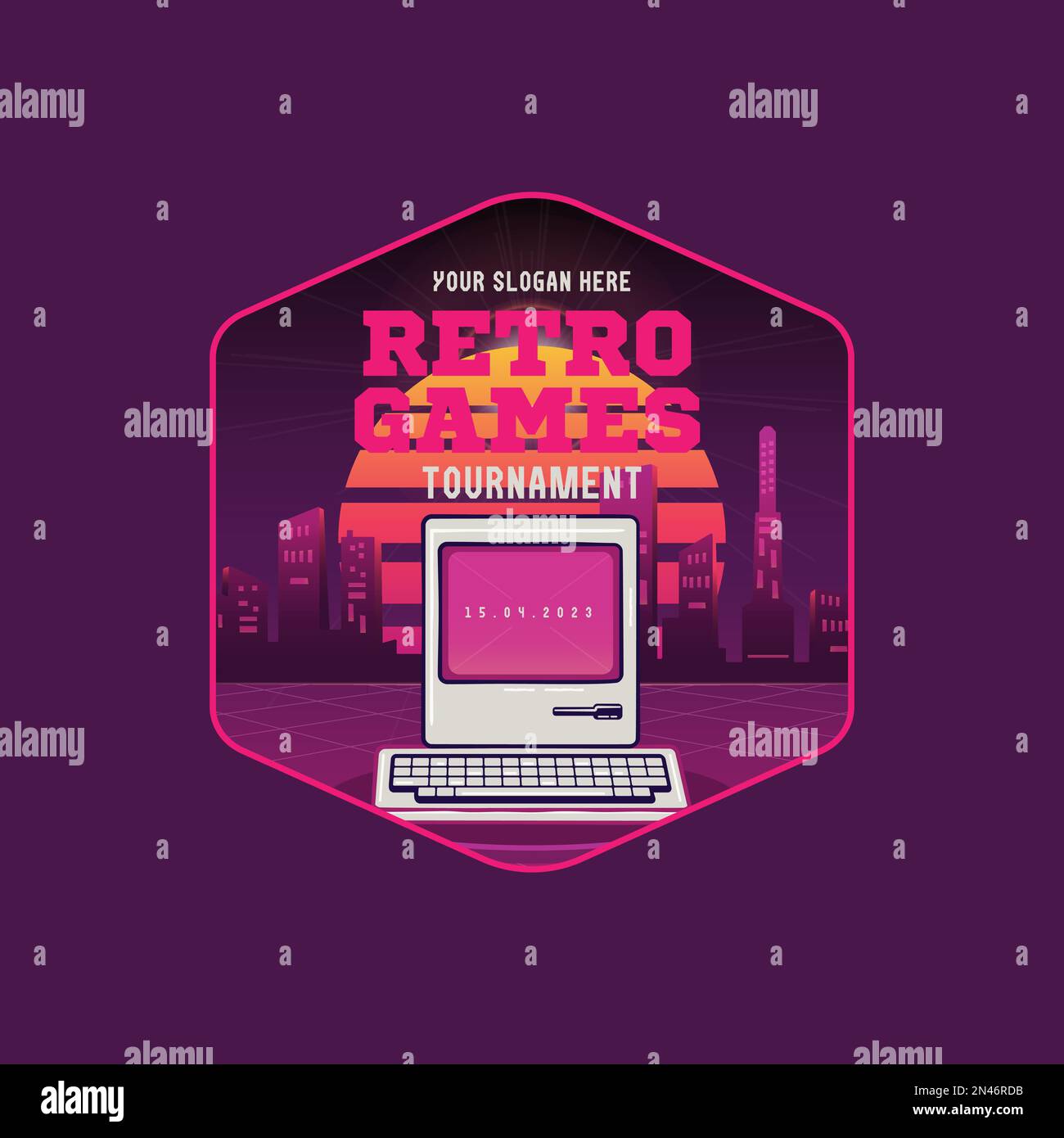 Retro Gaming logo template with vintage PC. Classic Games label. Gamer