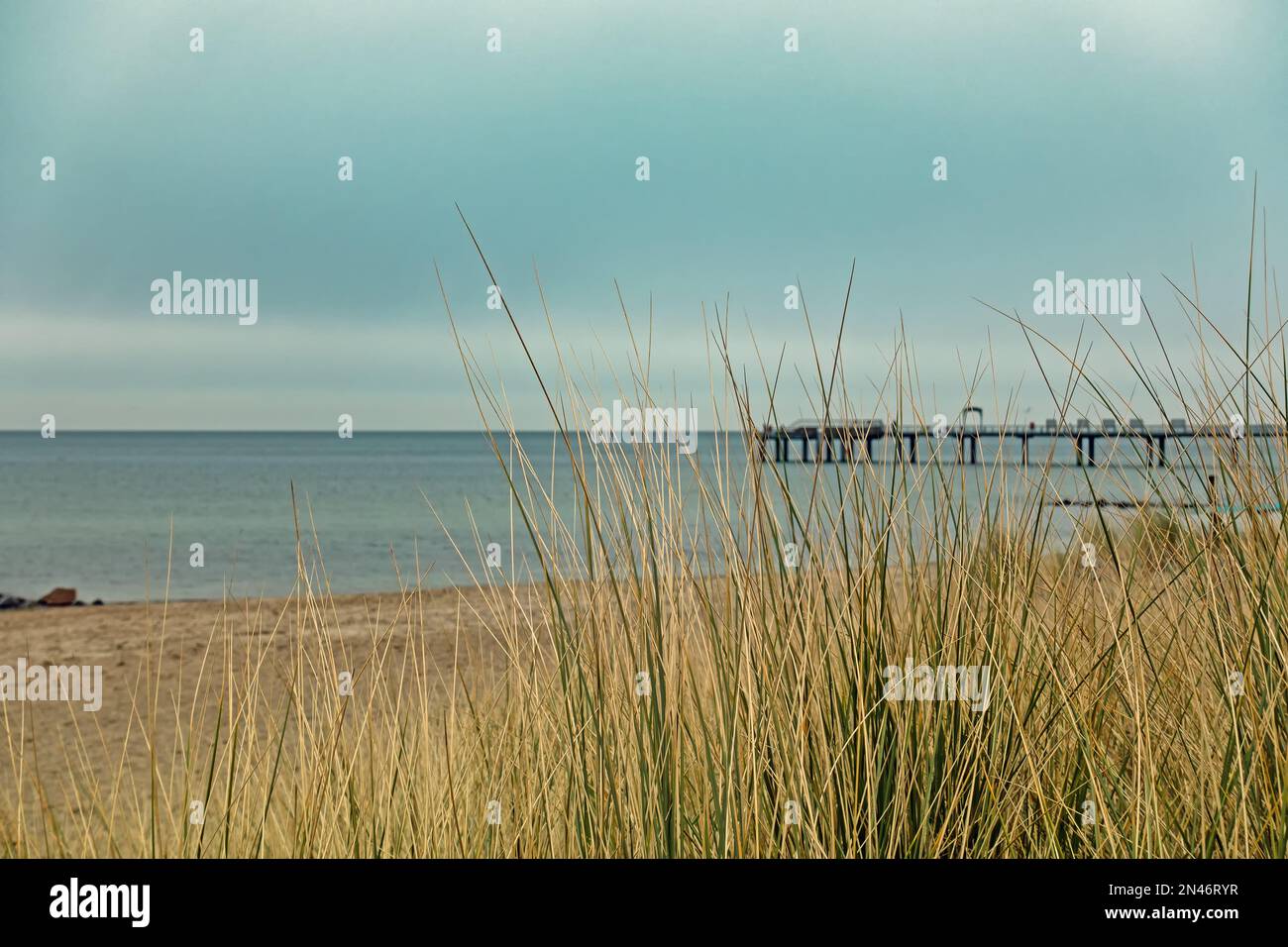 View through the dunes to the Baltic Sea and the pier of Niendorf, Schleswig-Holstein, Germany Stock Photo