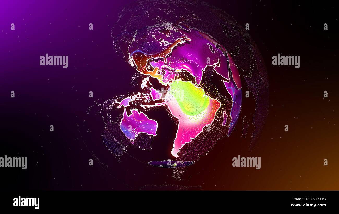 Techy earth map globe. Abstract colorful particles earth globe. Stock Photo