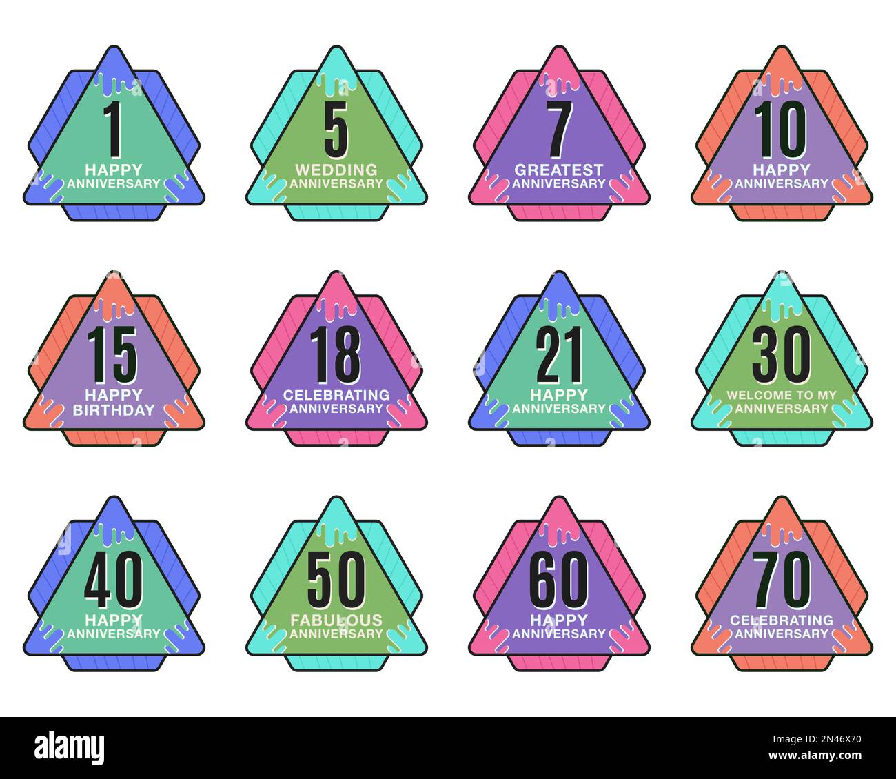 Anniversary Logo Templates Set. Wedding badges in flat modern style and different color palletes. Birthday anniversary labels. Stock vector designs Stock Vector