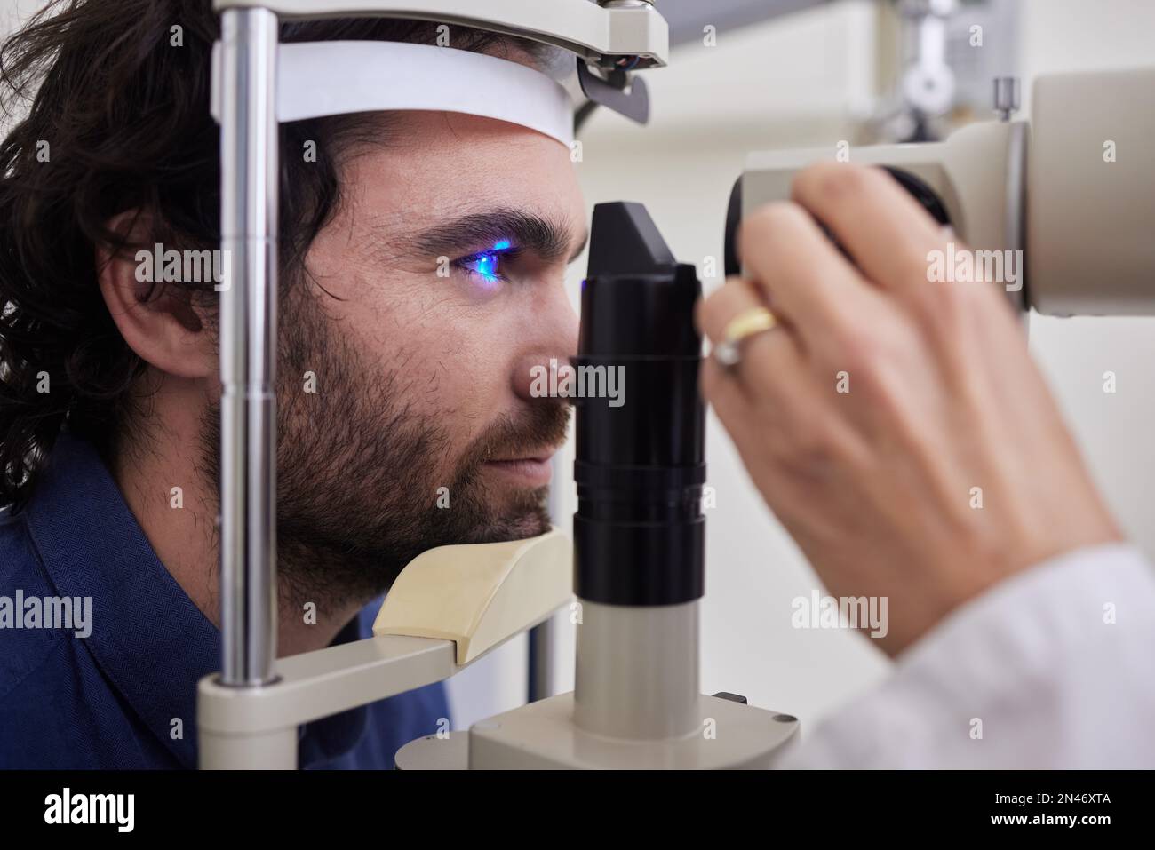 Eye exam, care or laser test for patient with machine at optometry
