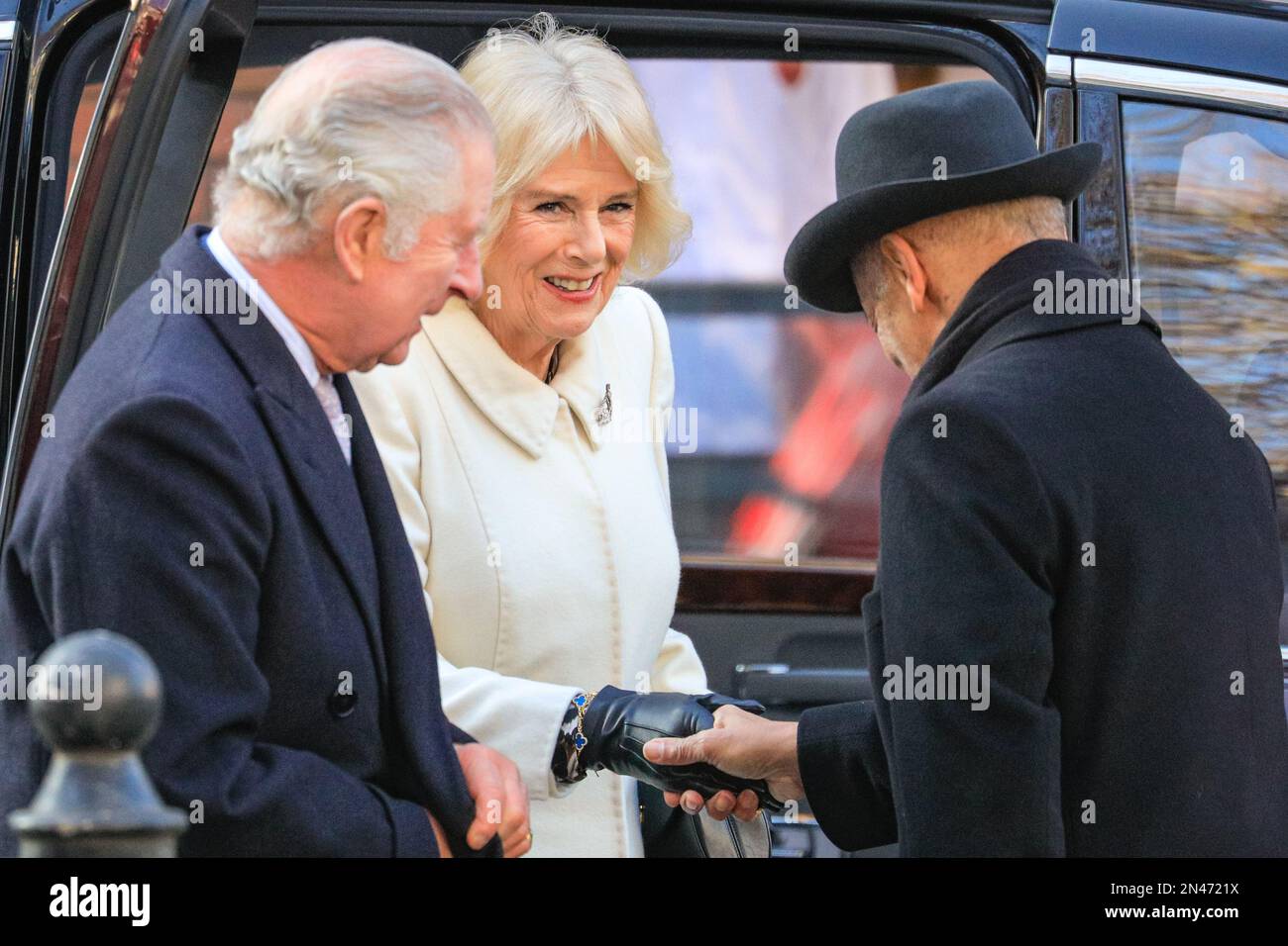 London, UK. 08th Feb, 2023. Their Majesties King Charles and Camilla, the Queen Consort, at Altab Ali Park in Whitechapel, East London. They meet community members who were involved in the anti-racism movement of the 60s and 70s, speak to young people at the Shaheed Minar monument and plant a Dodoens Elm tree together to commemorate Altab Ali. Credit: Imageplotter/Alamy Live News Stock Photo