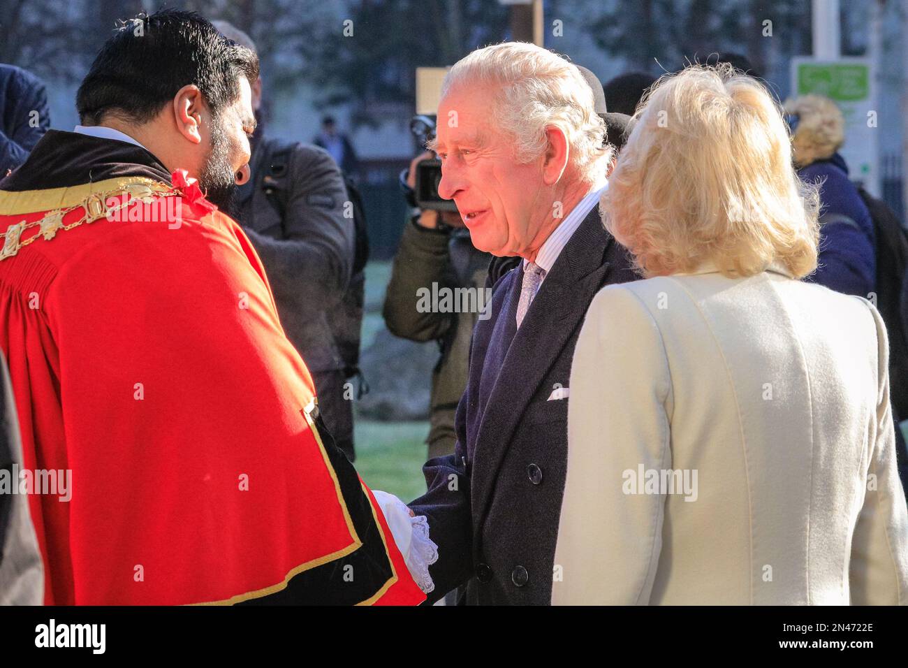 London, UK. 08th Feb, 2023. Their Majesties King Charles and Camilla, the Queen Consort, at Altab Ali Park in Whitechapel, East London. They meet community members who were involved in the anti-racism movement of the 60s and 70s, speak to young people at the Shaheed Minar monument and plant a Dodoens Elm tree together to commemorate Altab Ali. Credit: Imageplotter/Alamy Live News Stock Photo