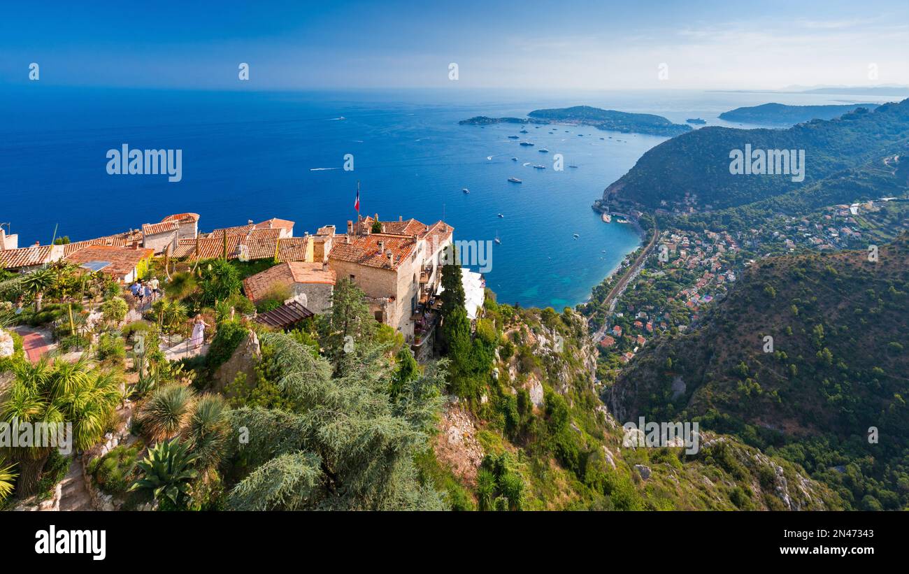 The hilltop Village of Eze and its exotic garden overlooking the Mediterranean Sea. Alpes-Maritimes (06), French Riviera, France Stock Photo