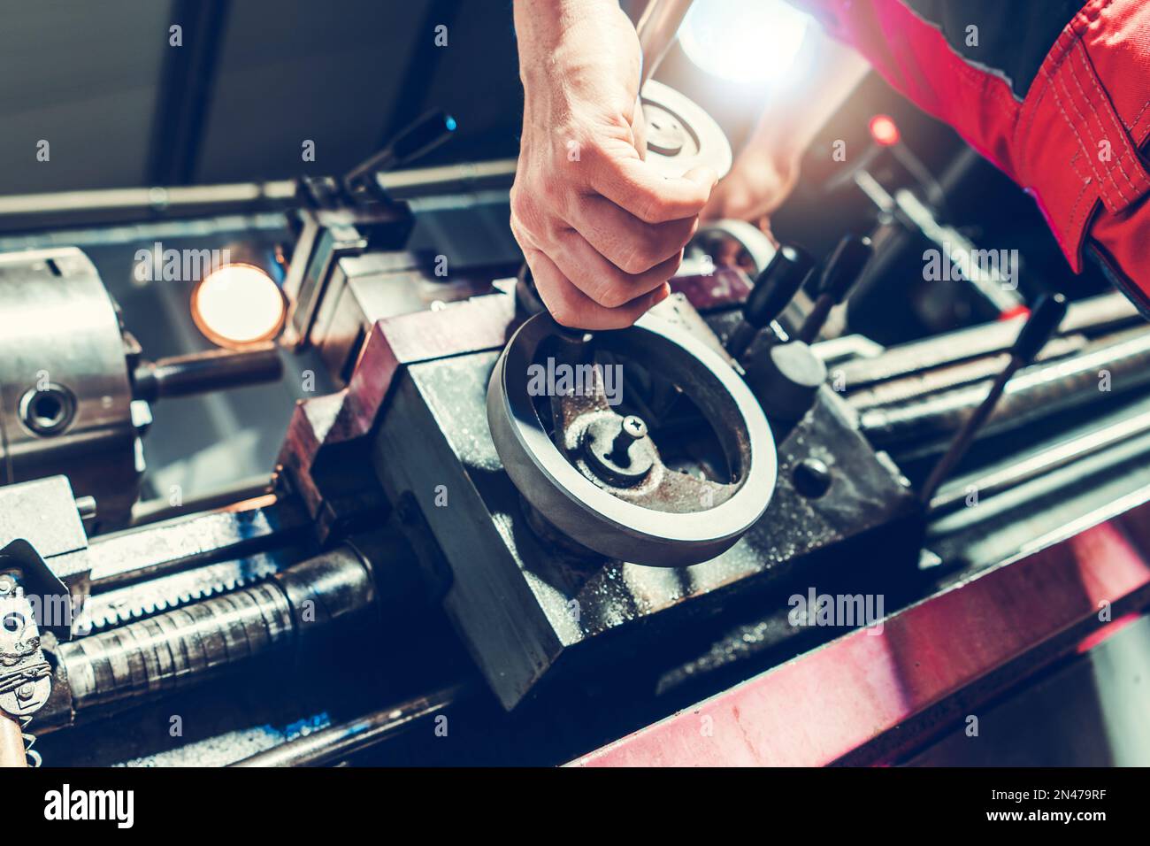 Lathe Machine Technician Processing a Piece of Metal. Metalworking