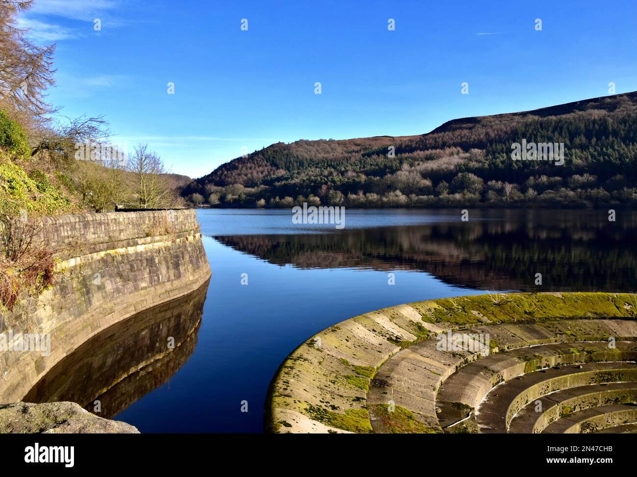 The Bellmouth Spillway and wall at Ladybower Reservoir. Stock Photo