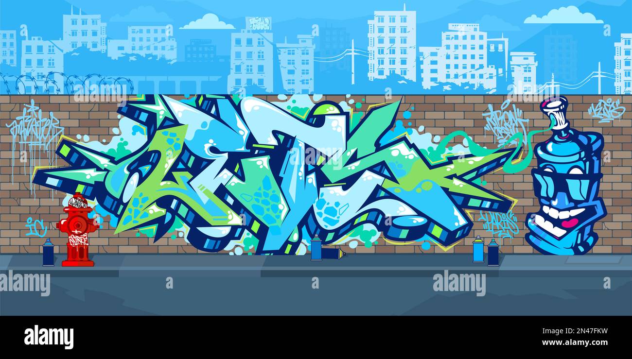 Colorful Outdoor Urban Streetart Graffiti Wall With Drawings Against