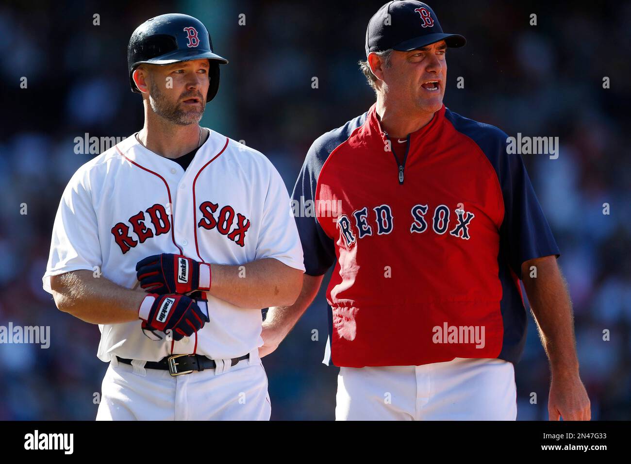 Boston Red Sox catcher David Ross tags out Detroit Tigers' Brayan