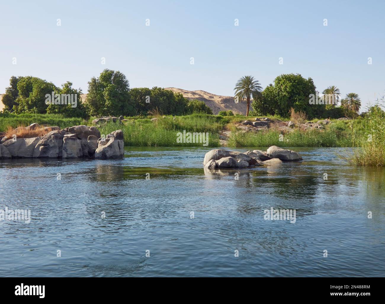 A beautiful nature scene with a Nile river in the desert surrounded by