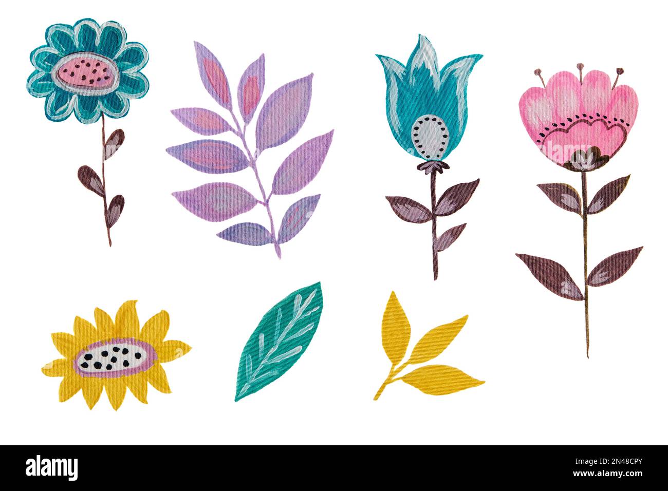 Flowers and leaves hand drawn elements. Illustration. Acrylic paints.Wrappers, wallpapers, postcards, greeting cards, wedding invitations, romantic ev Stock Photo