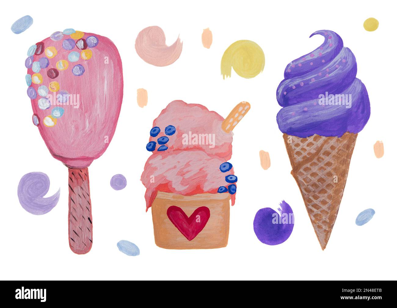Set of hand painted acrylic icecream and sweets on white background