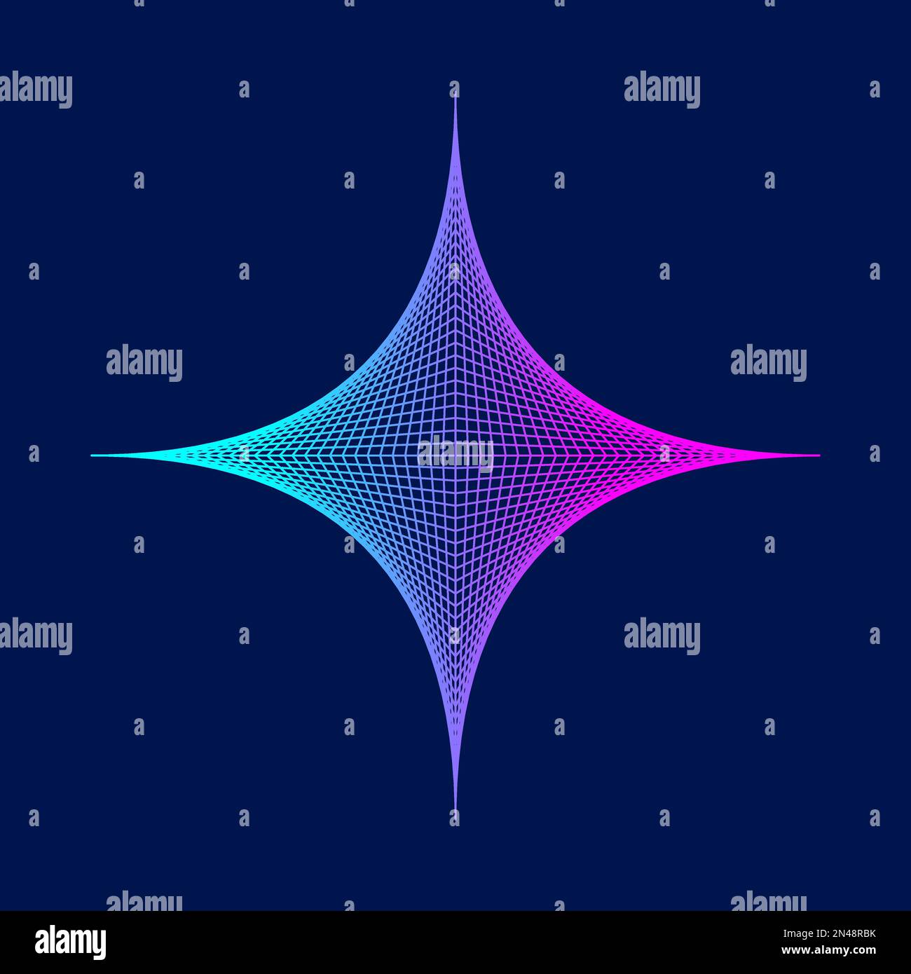 Colorful line star on dark blue background. Abstract fractal technology background. Cyan magenta gradient grid. Caustic cross math, optics. Space time Stock Vector