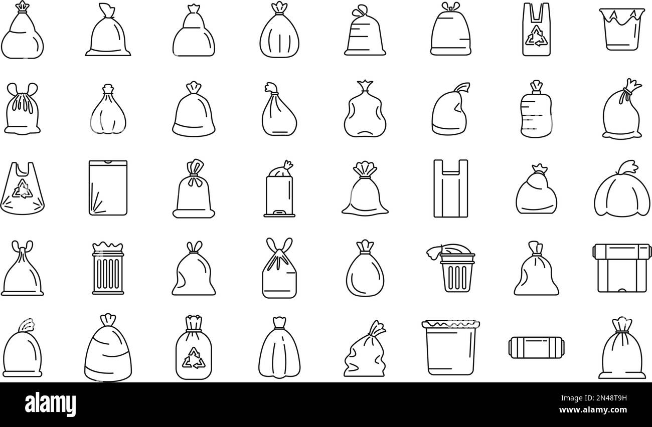 Bag for trash icons set outline vector. Food garbage. Dirty dustbin