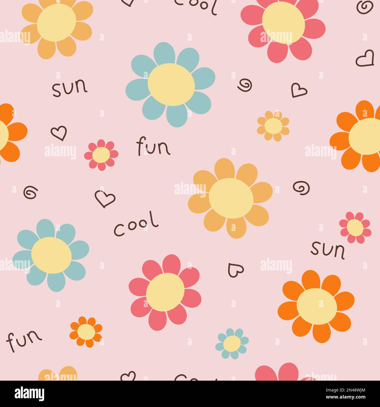 Cute seamless floral pattern in flat style with words. All over print for clothes. Design for kids girls pajamas, t-shirt, pants Stock Vector