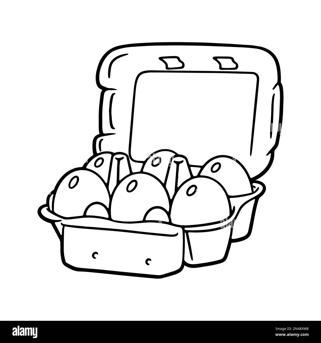 Egg tray with eggs. Eggs box black linear icon. Chicken eggs packaging