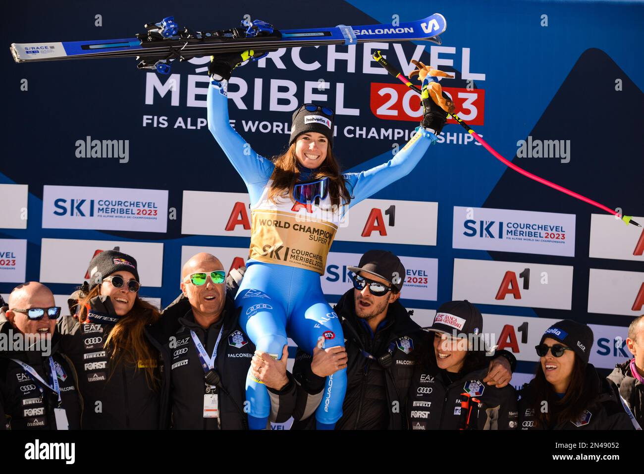 France. 8th Feb, 2023. MARTA BASSINO of Italy and members of the Italian Ski Team celebrate after she won the Women's Super-G ski race in Meribel France. (Credit Image: © Christopher Levy/ZUMA Press Wire) EDITORIAL USAGE ONLY! Not for Commercial USAGE! Stock Photo