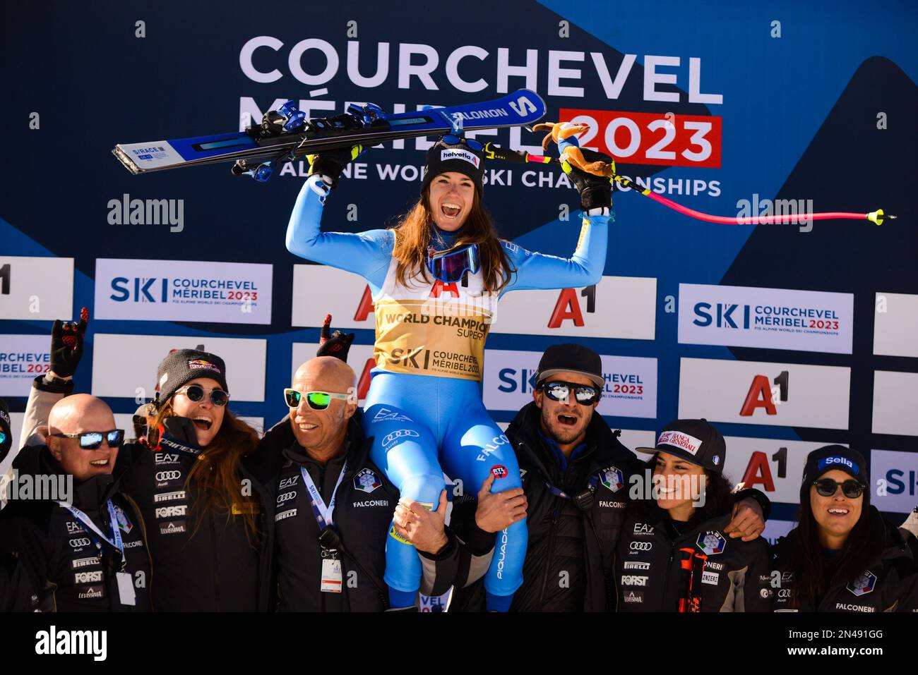 France. 8th Feb, 2023. MARTA BASSINO of Italy and members of the Italian Ski Team celebrate after she won the Women's Super-G ski race in Meribel France. (Credit Image: © Christopher Levy/ZUMA Press Wire) EDITORIAL USAGE ONLY! Not for Commercial USAGE! Stock Photo