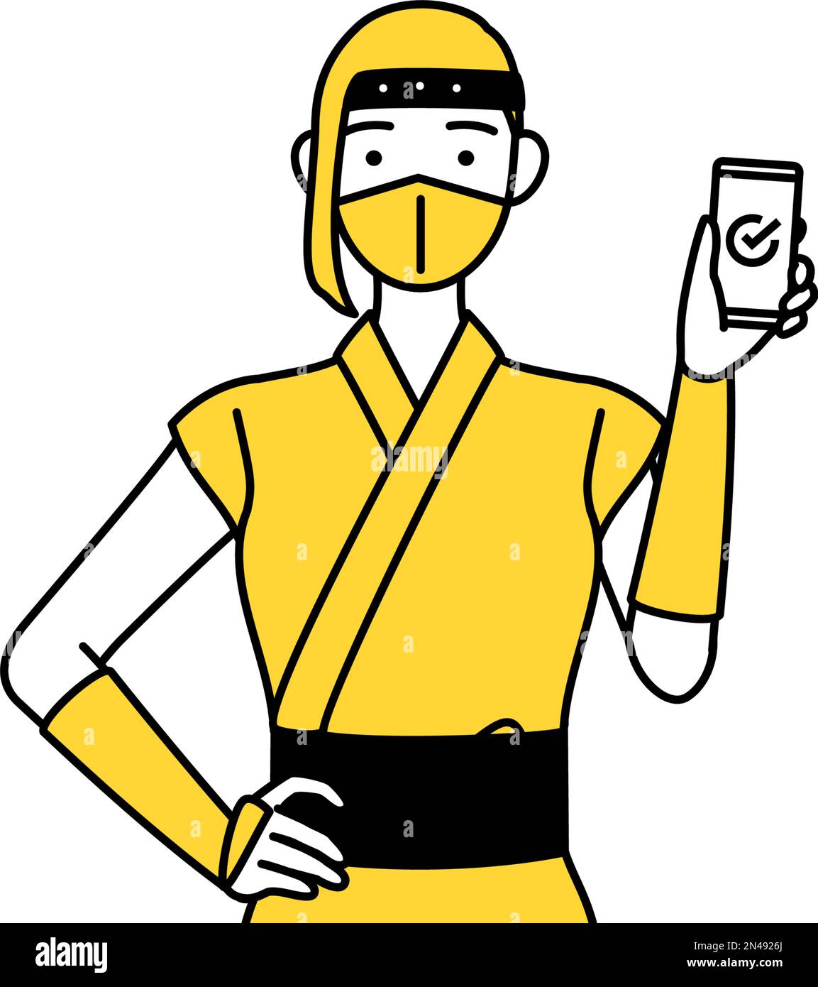 A woman dressed up as a ninja using a smartphone at work. Stock Vector