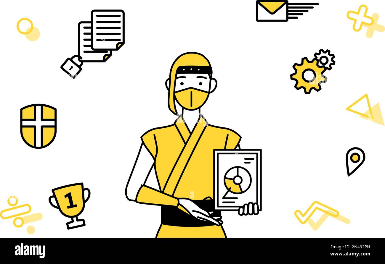Image of DX, A woman dressed up as a ninja using digital technology to improve her business Stock Vector