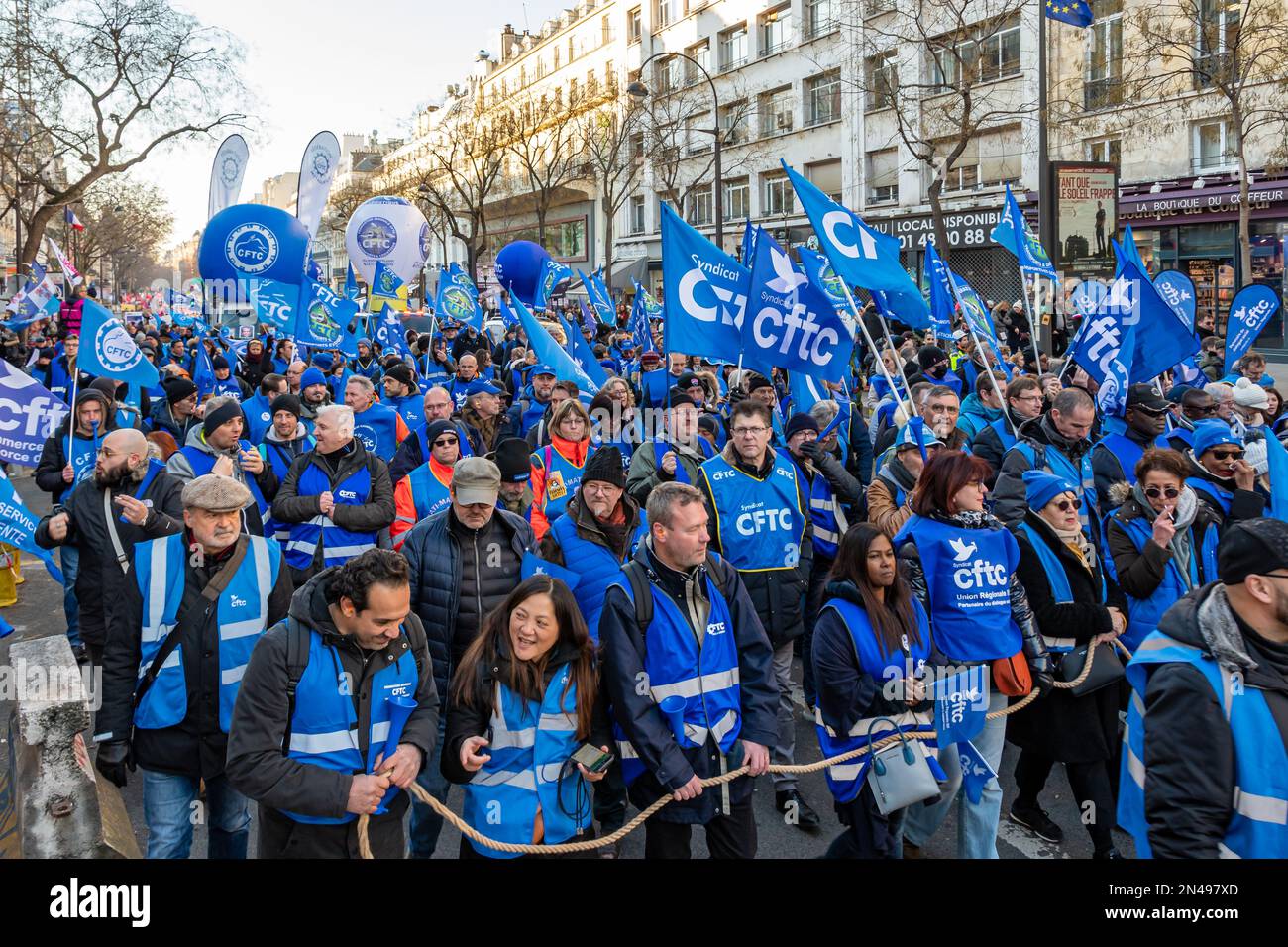 Militants of the French trade union CFTC (Confédération Française des Travailleurs Chrétiens) protesting against the retirement reform Stock Photo