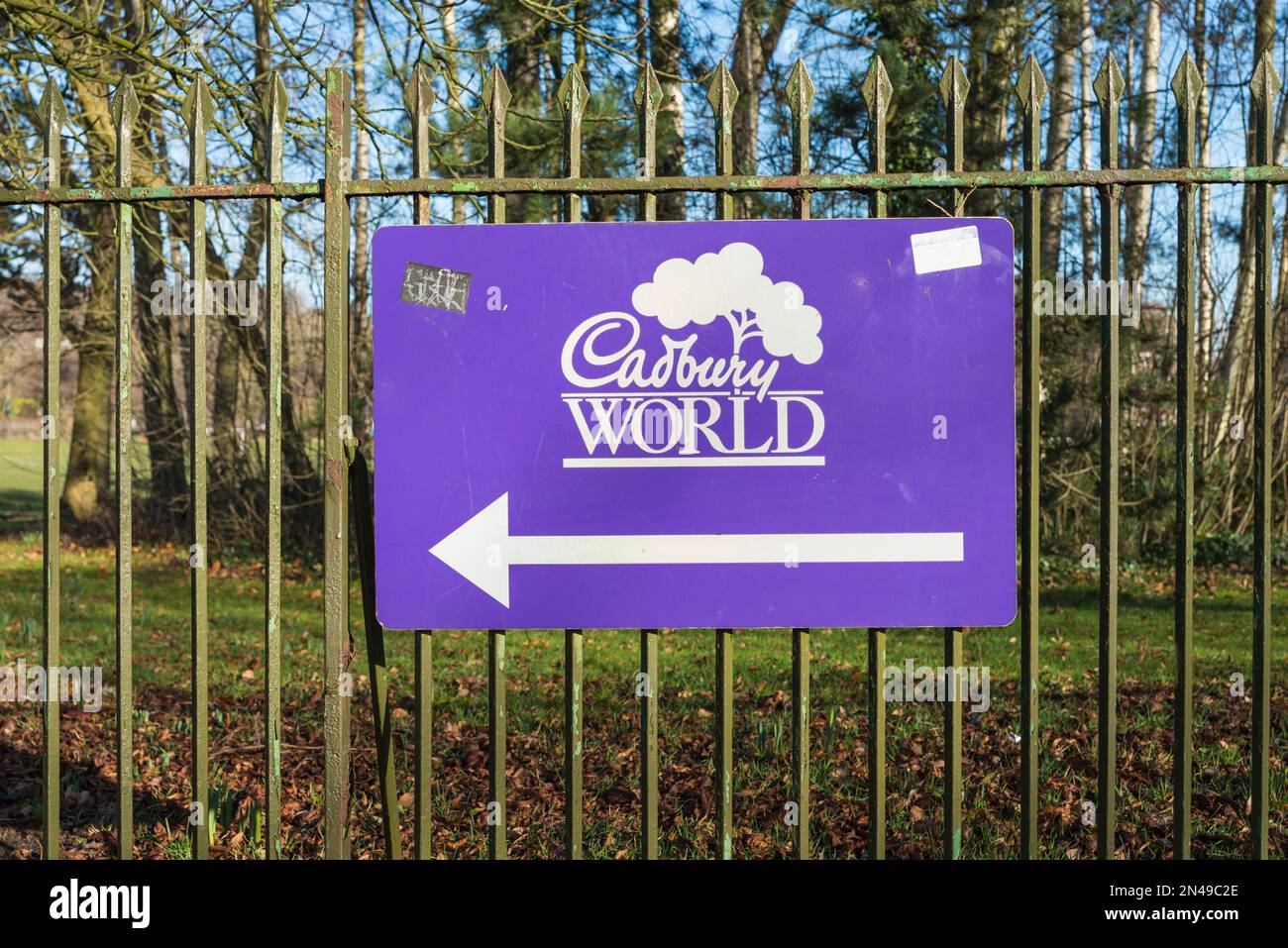 Sign for Cadbury World at the Mondelez-Cadbury factory in Bournville, Birmingham, UK Stock Photo