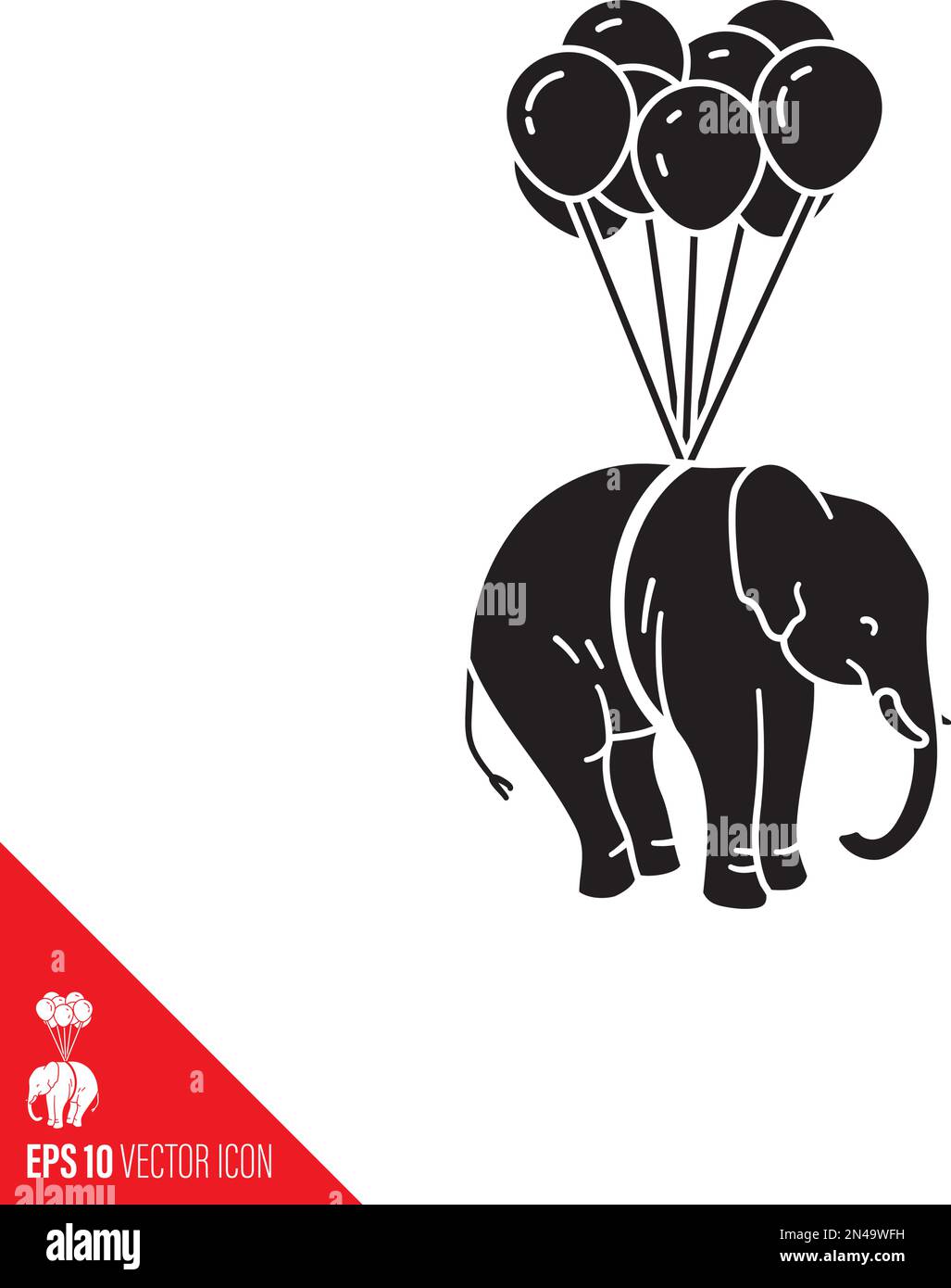 Elephant hanging from balloons in flight vector glyph icon Stock Vector