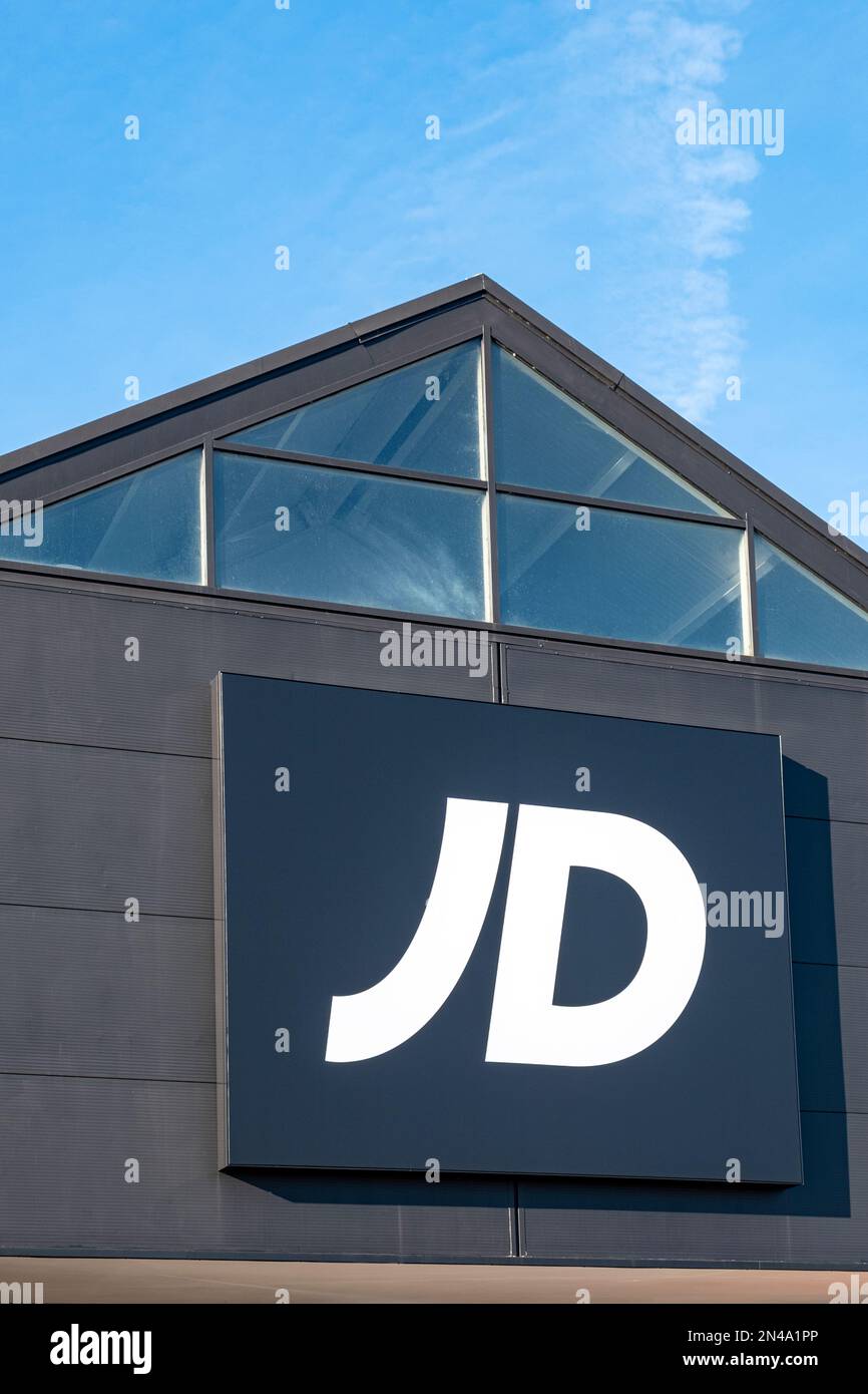 Close up of JD Sports sign on outside wall UK Stock Photo