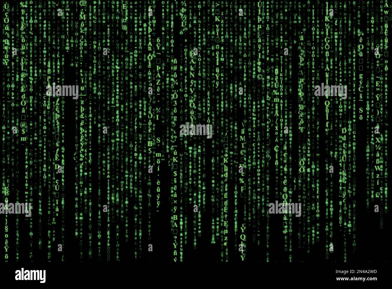 Green matrix of falling random characters, numbers and symbols on black, concept for digital data, programming, cyberspace and hacking, abstract full Stock Photo