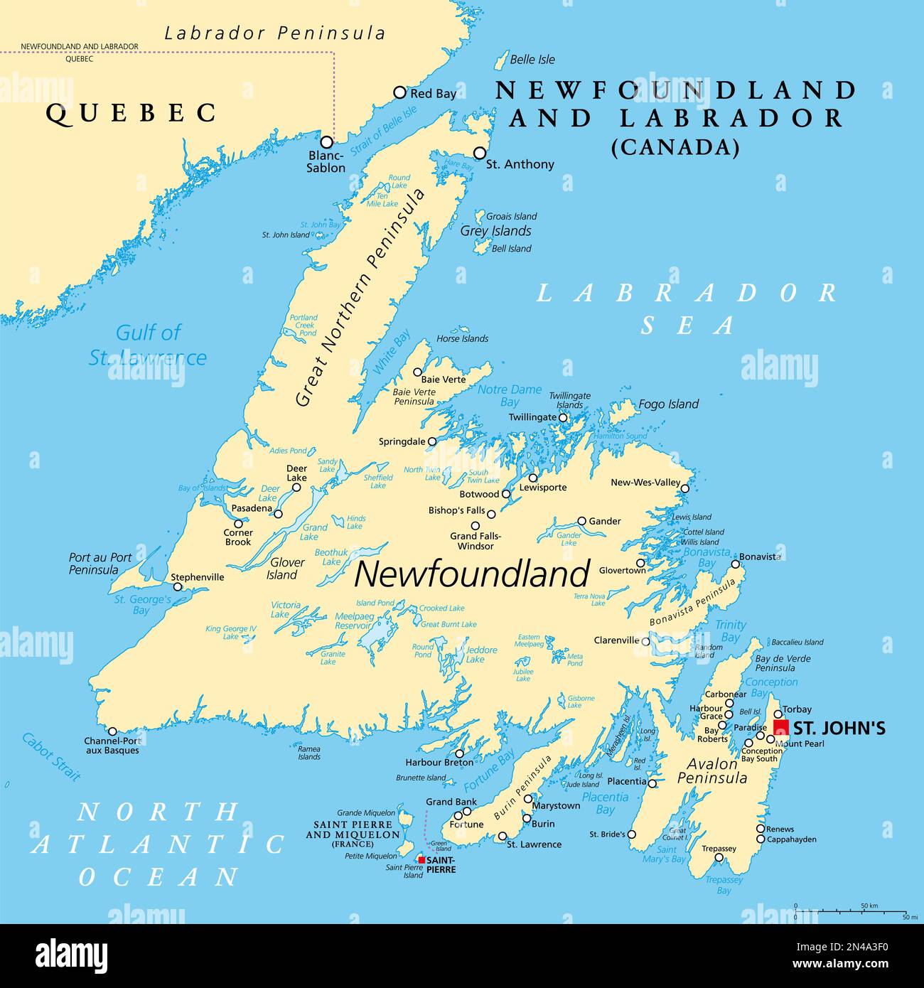 Island of Newfoundland, political map. Part of Canadian province of Newfoundland and Labrador with capital St. John's. Large island. Stock Photo