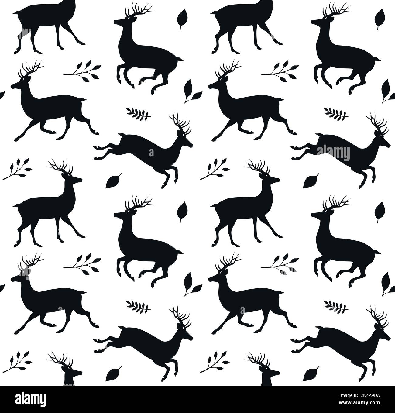 Vector seamless pattern of flat hand drawn deer and leaves silhouette ...
