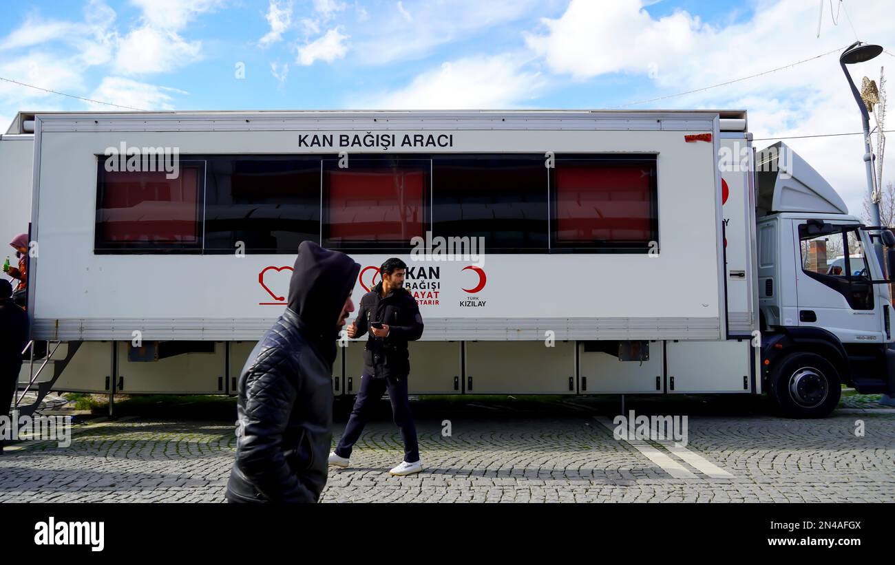 Izmir, Turkey. 07th Feb, 2023. Blood donation to the Red Crescent blood bank in order to help the injured people in the earthquake area in Turkey. A magnitude 7.8 earthquake hit southeastern Turkey and parts of Syria on Monday. Major earthquake was killed more than 5400 people and was toppled thousands of buildings across a wide region, contains ten cities. (Photo by Idil Toffolo/Pacific Press) Credit: Pacific Press Media Production Corp./Alamy Live News Stock Photo